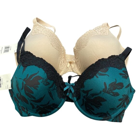 NEW Maidenform 2-Pack  Women's 34D Underwire Bras Floral Print & Beige Lace Trim - Picture 1 of 6